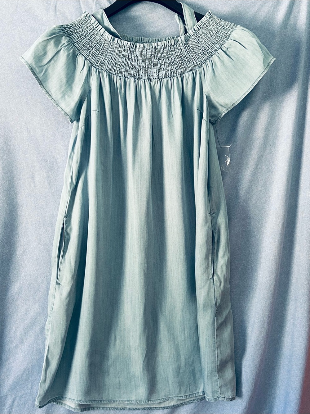 INC Blue Off-Shoulder Smocked Dress with pockets